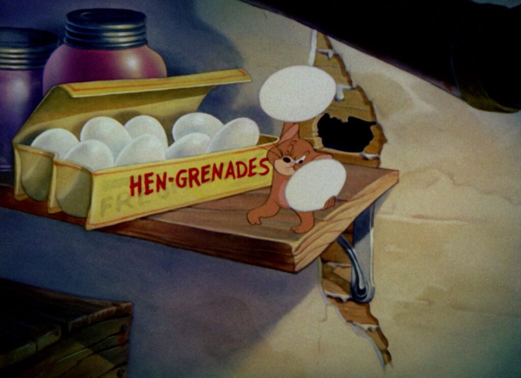 『勝利は我に』(原題: The Yankee Doodle Mouse)卵 = 手榴弾(雌鶏グレネード)を準備するジェリー