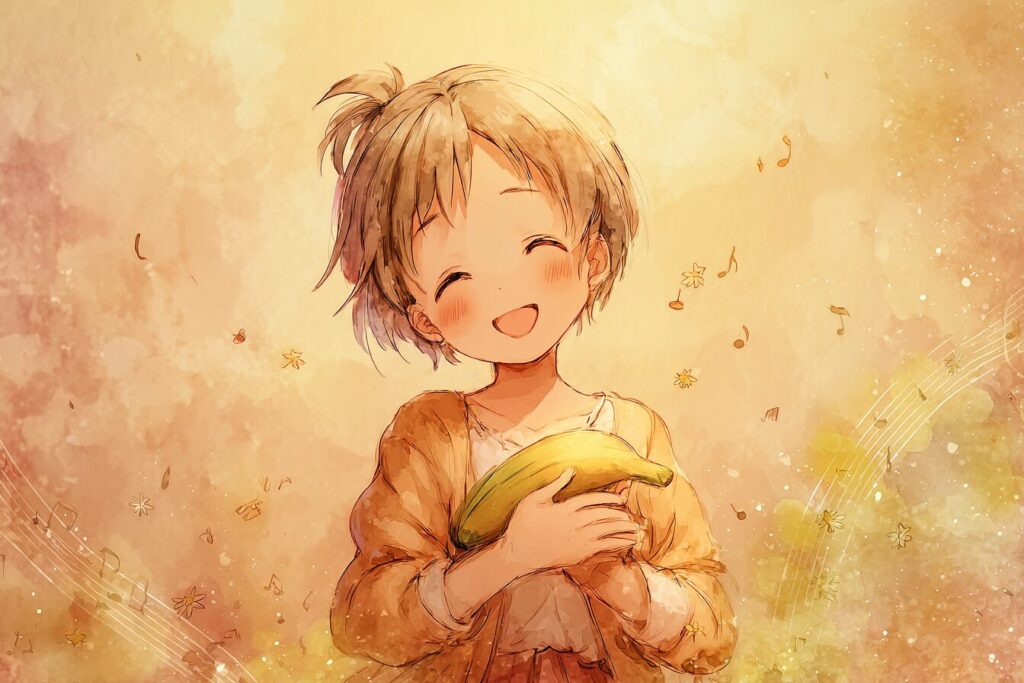 【温かい雰囲気の締めイラスト】 笑顔の女の子がバナナを持っている温かいイラスト。都市伝説を払拭する明るい雰囲気