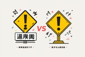 日本の警戒標識5種類：その他の危険、横断歩行者、落石注意、すべりやすい、動物横断注意を並べた一覧図