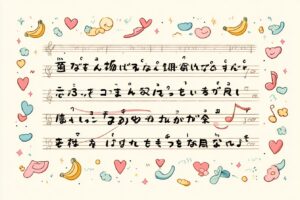 「サッちゃん」の楽譜と1～3番の歌詞が書かれたイラスト。温かみのあるデザイン