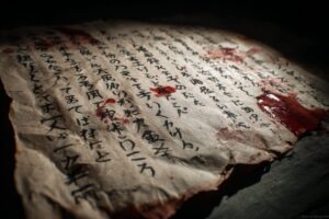 暗い背景に、手書き風の4番の歌詞。ページが破れていたり、血のような染みがあるホラー演出