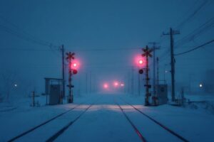 雪が降り積もる夕暮れの踏切。遮断機が降りている不気味な雰囲気の写真