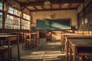 薄暗い昭和の教室。机と椅子が並び、黒板には何かが書かれている不気味な雰囲気