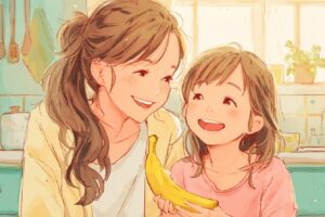 【温かい親子のイラスト】 優しい雰囲気の親子。小さな女の子が笑顔でバナナを食べているイラスト