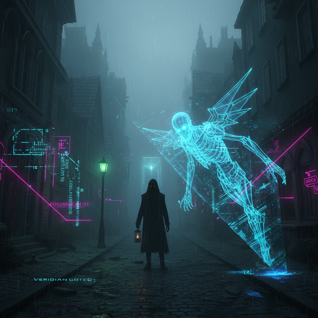 未来都市とAIのシルエット