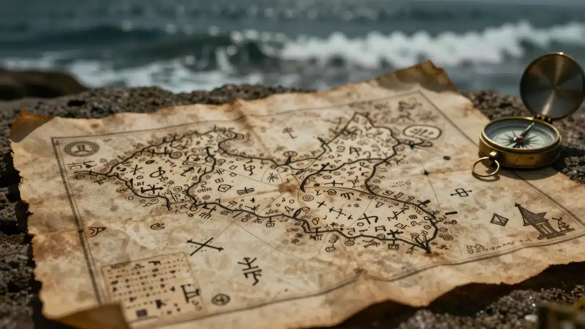 古代の宝の地図と羅針盤—ワンピース長期伏線の構造イメージ