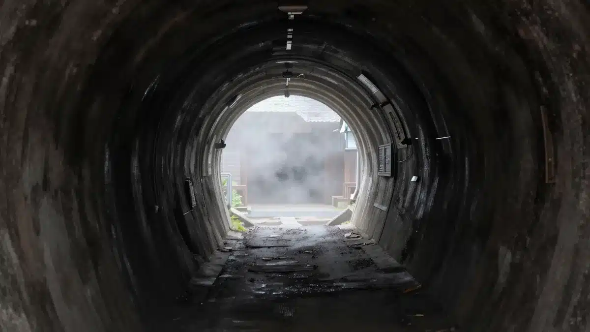 霧に包まれた古いトンネル内部の薄暗い情景