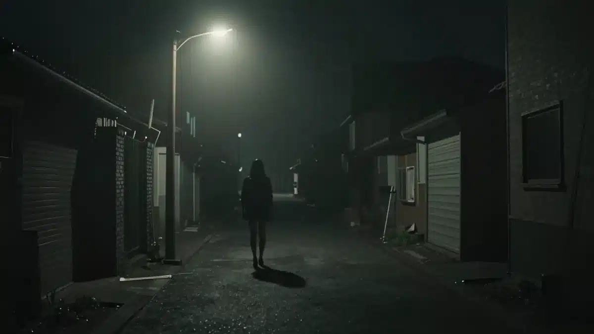 霧に包まれた夜道に立つ細長い人影のシルエット