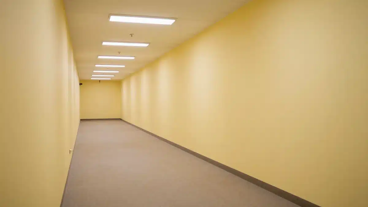 Backrooms Level 0 黄色い壁紙と蛍光灯のイメージ
