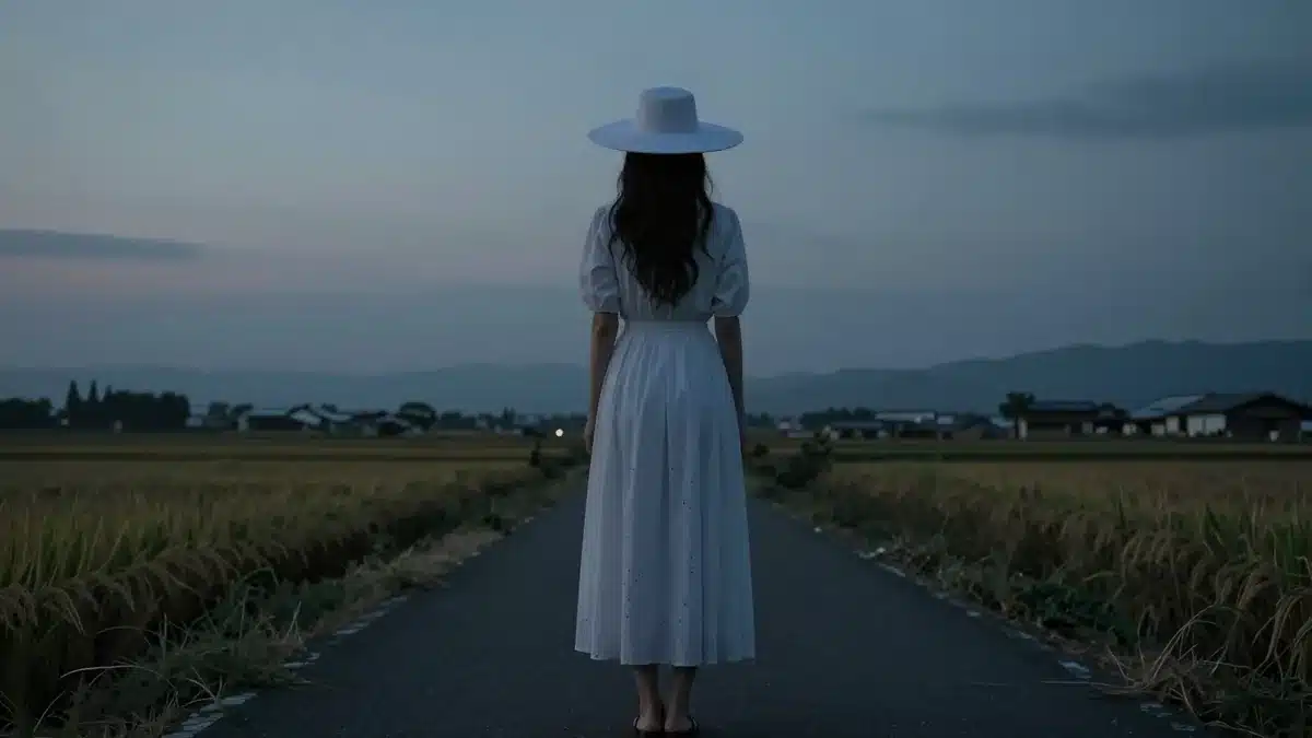 夕暮れの田園に立つ白い服の大きな女性の後ろ姿(八尺様のイメージ)