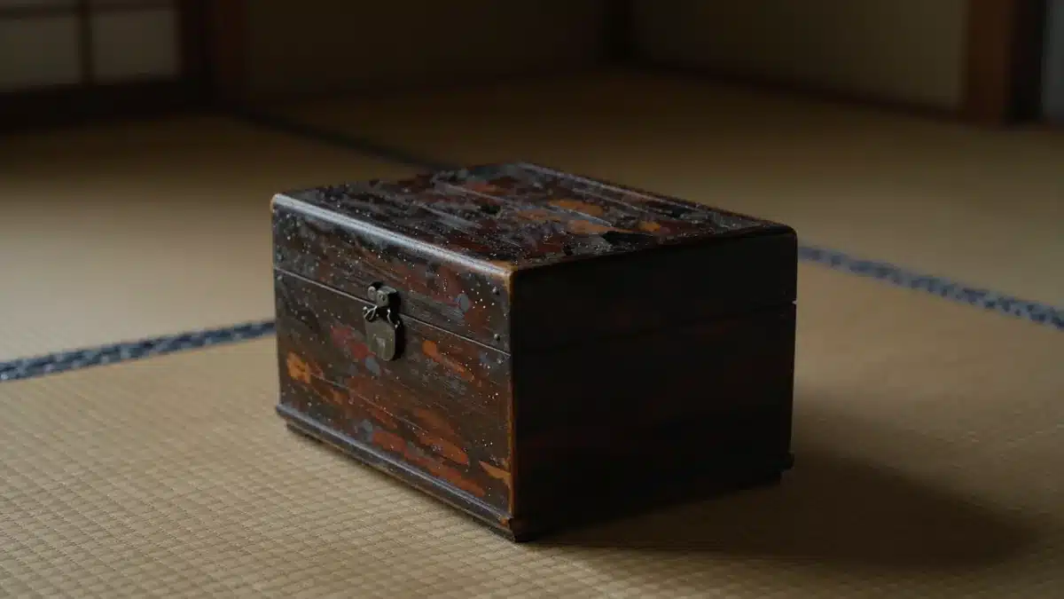 薄暗い和室の畳の上に置かれた古びた木製の小箱