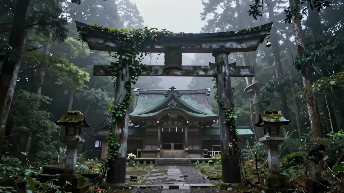 霧に包まれた山中の鳥居と古い神社
