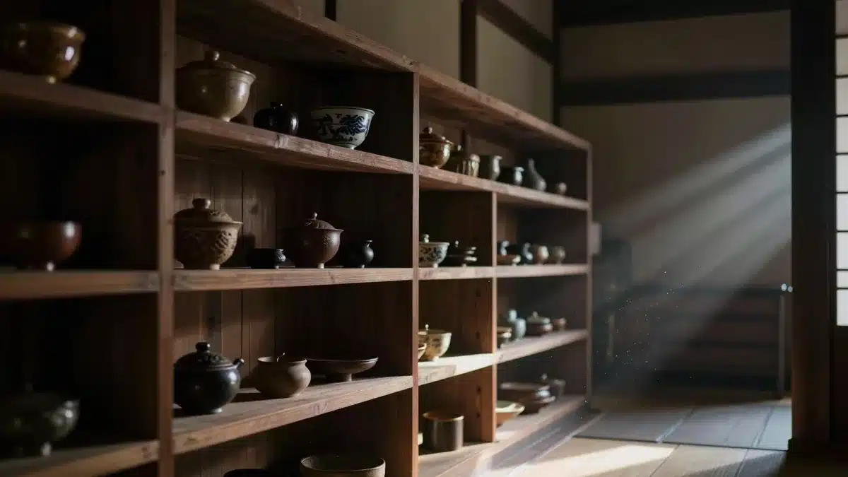 薄暗い蔵の中に並ぶ古い器物と棚