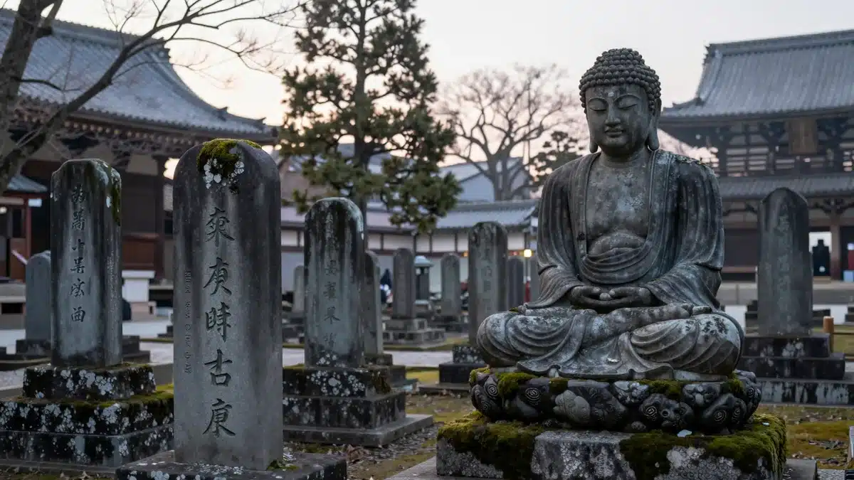 京都の寺院に並ぶ石仏と石塔