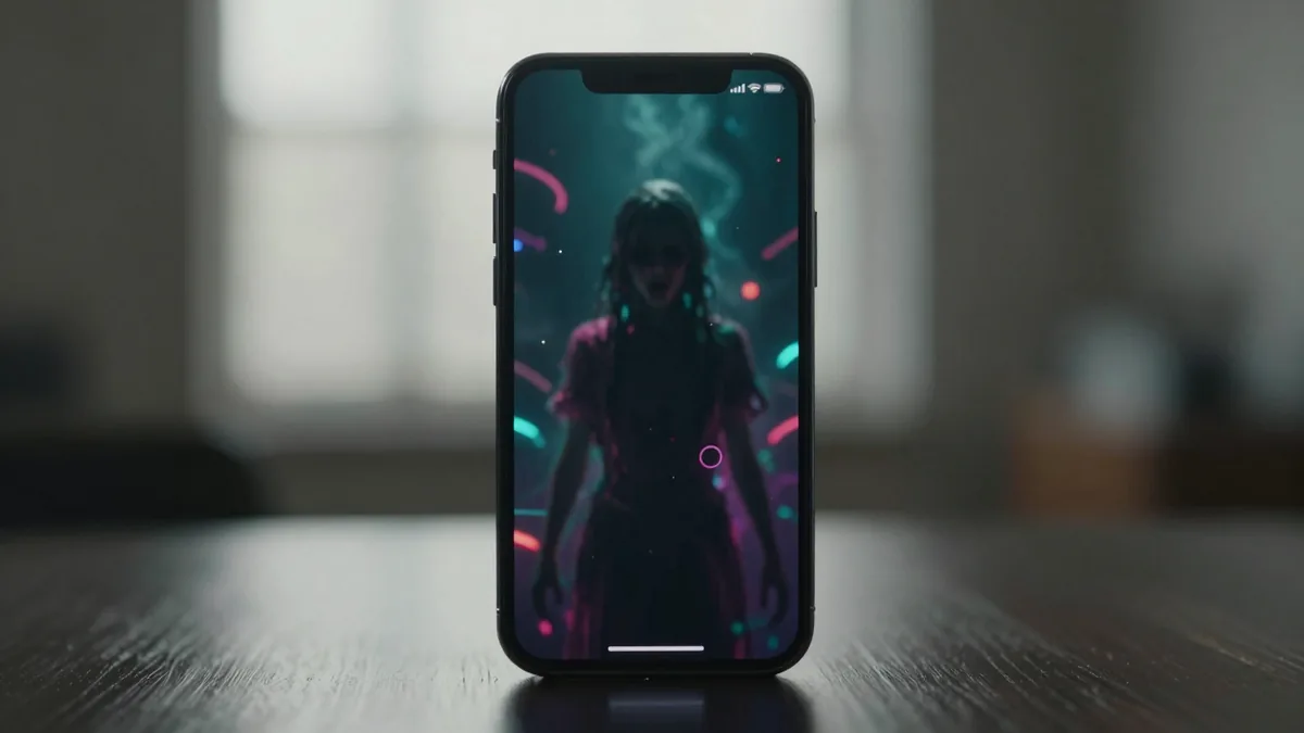 スマートフォン画面にAI生成画像が映る現代のデジタル都市伝説のイメージ