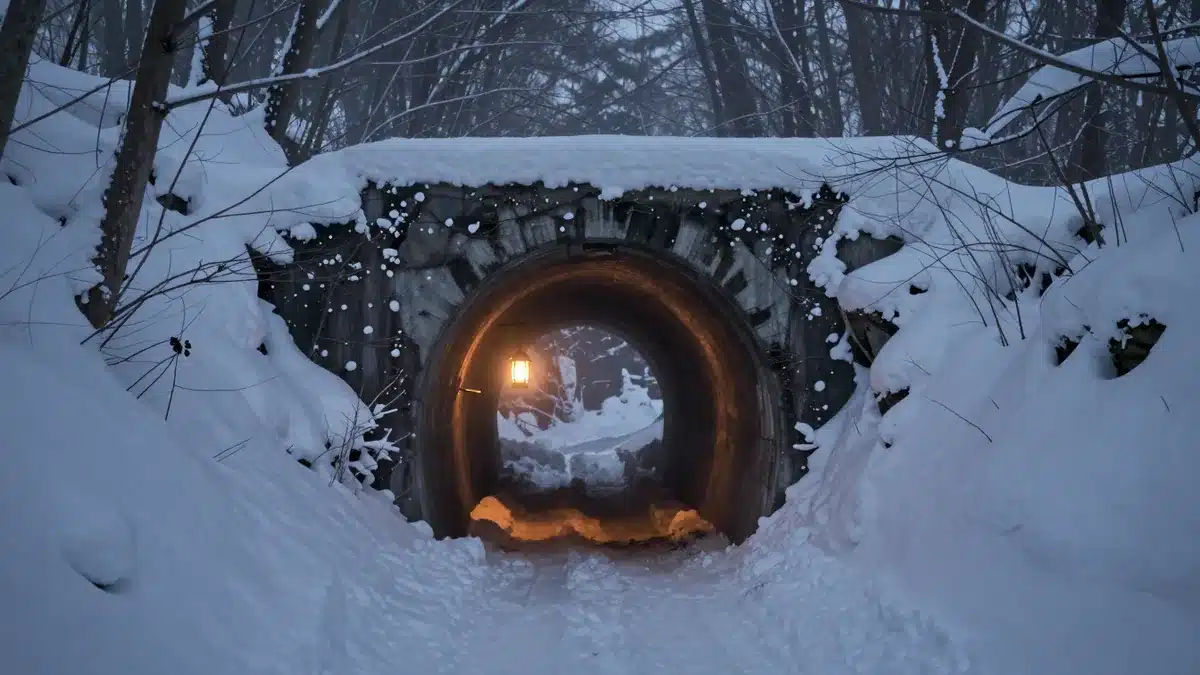 雪国の廃トンネル入口、薄暗いランタンと霧の冬山