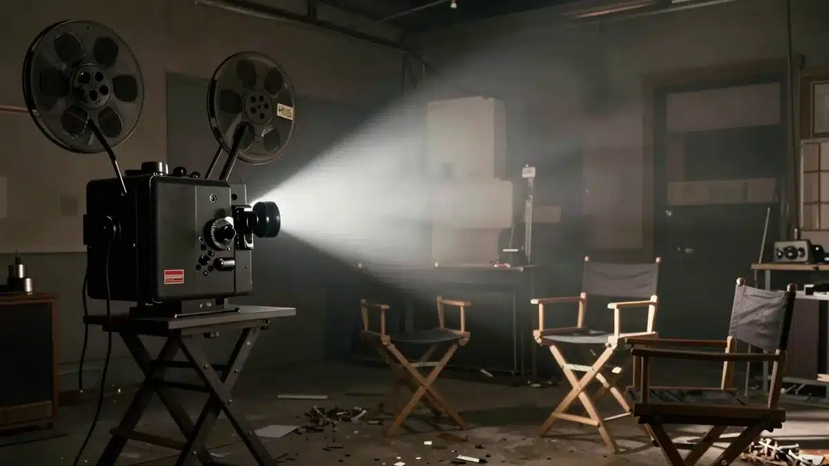 暗い映画スタジオと霧の中の映写機の光、ホラー映画セット