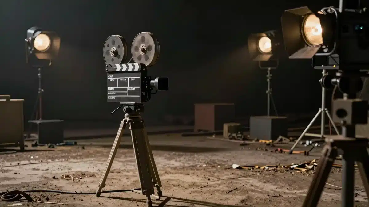 放置されたヴィンテージ映画撮影機材と不気味な影