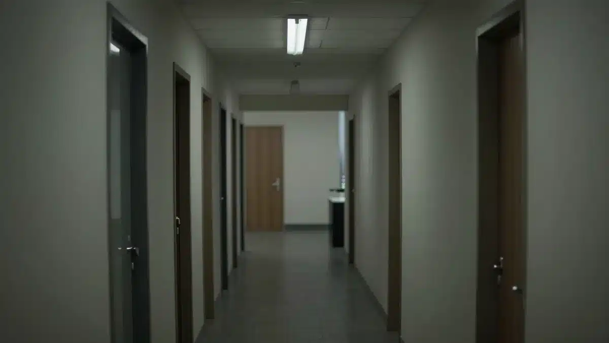 夜の暗いオフィス廊下に点滅する蛍光灯