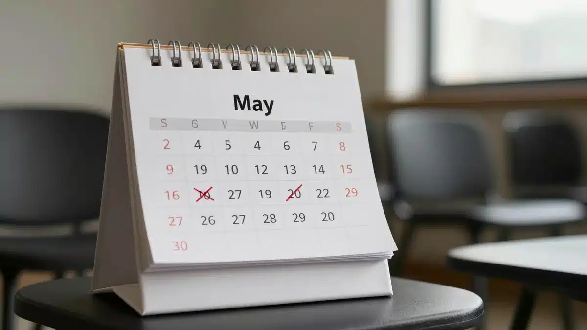 5月のカレンダーと空いた椅子