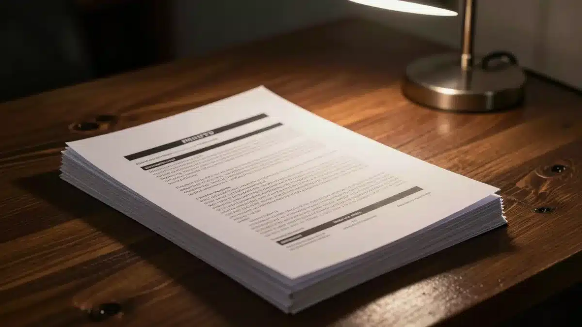 デスクに置かれた黒塗りの公開文書のイメージ