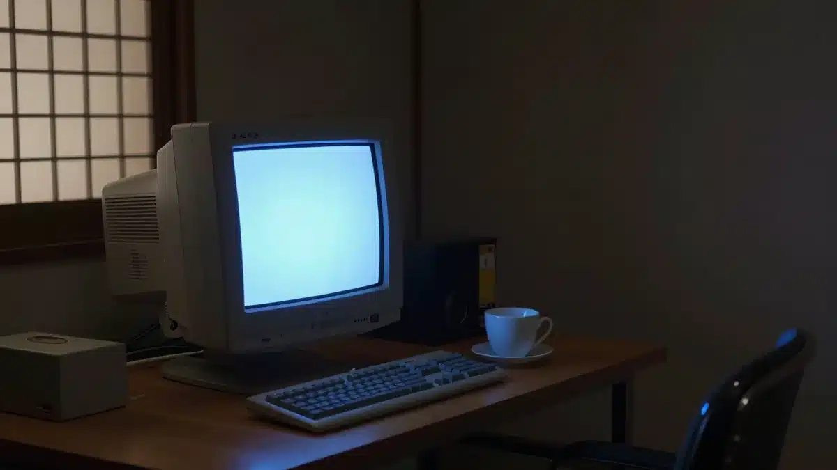 2000年代後半の夜の部屋で光るブラウン管モニター(ネット掲示板時代のイメージ)