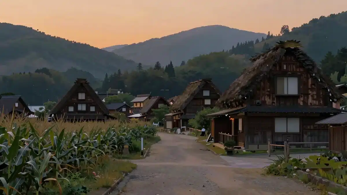 夕暮れの茅葺き屋根の山村と畑の風景