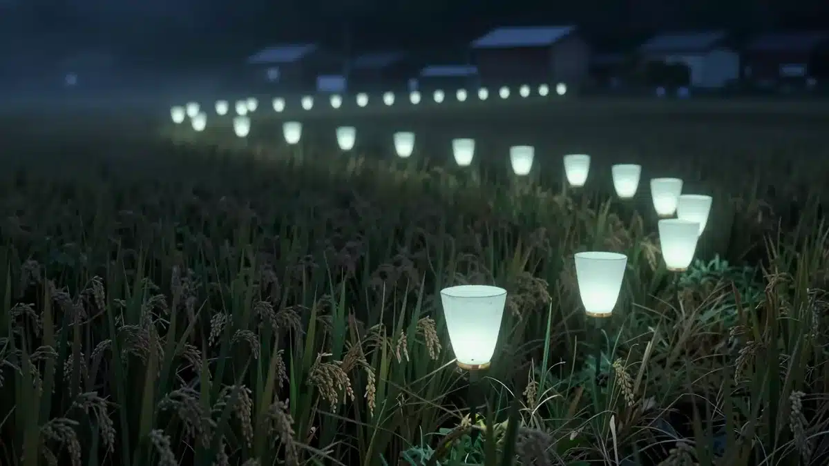 夜の田んぼの上に連なって揺れる青白い光の行列のイメージ