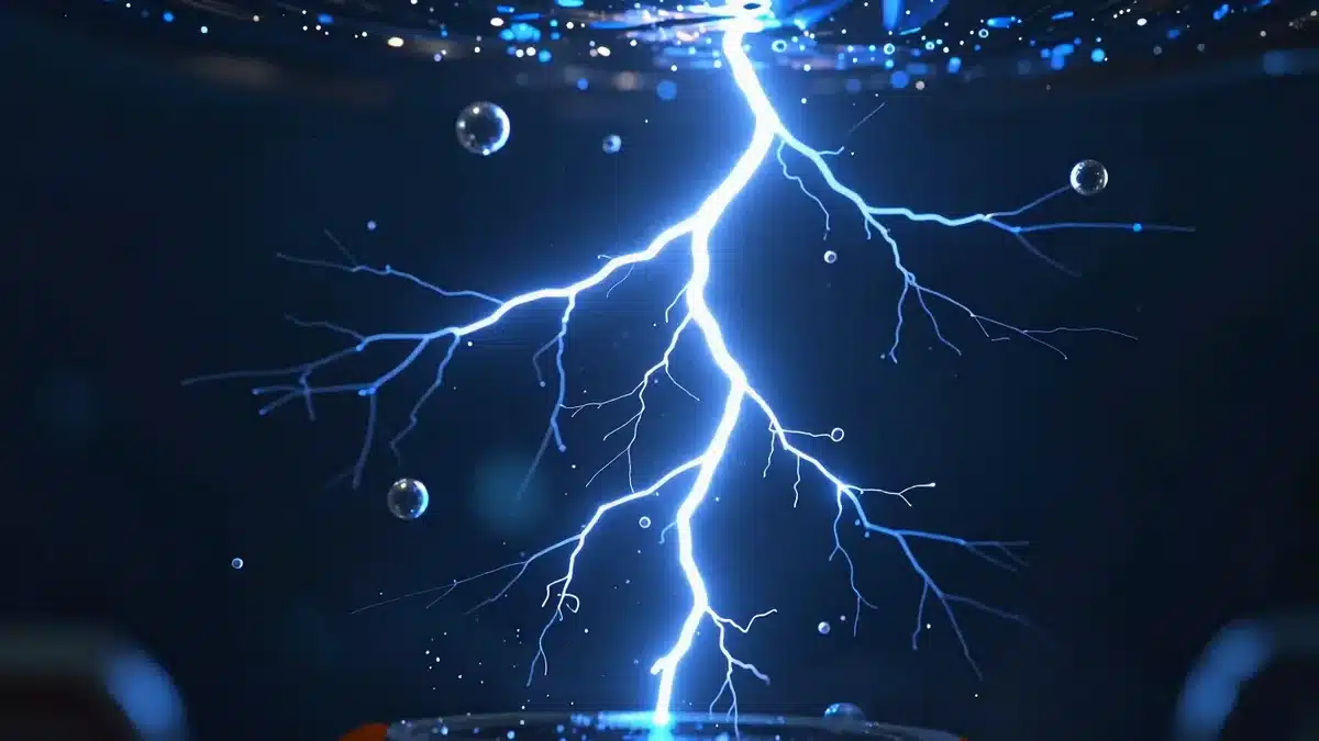 水中で上昇する気泡と青白い微小な放電のイメージ