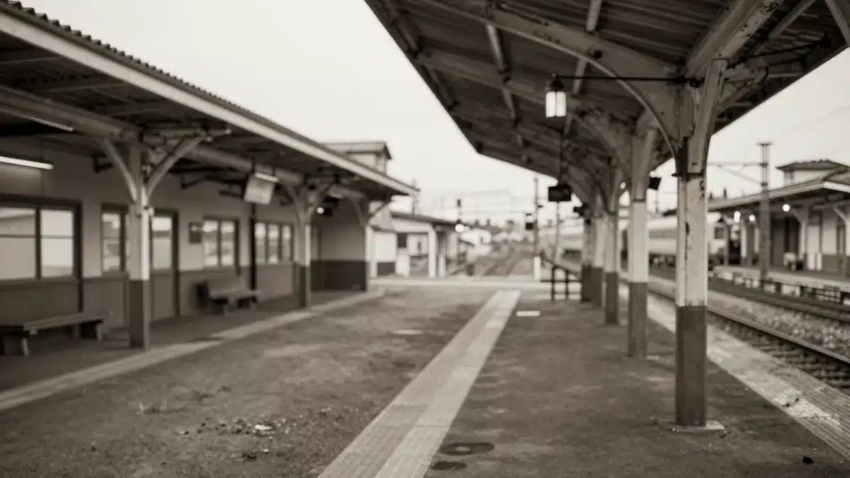 戦後復興期の日本の鉄道駅を表すモノクロ調イラスト