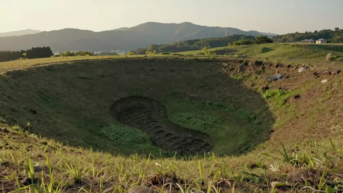 夕暮れの丘陵地に残る大きな窪地。巨人の足跡と語られてきた地形のイメージ