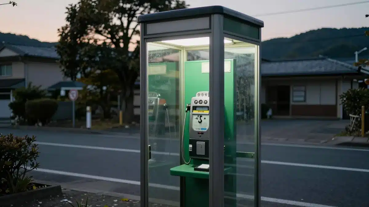 夕暮れの道路脇に立つ緑色の公衆電話ボックスのイメージ