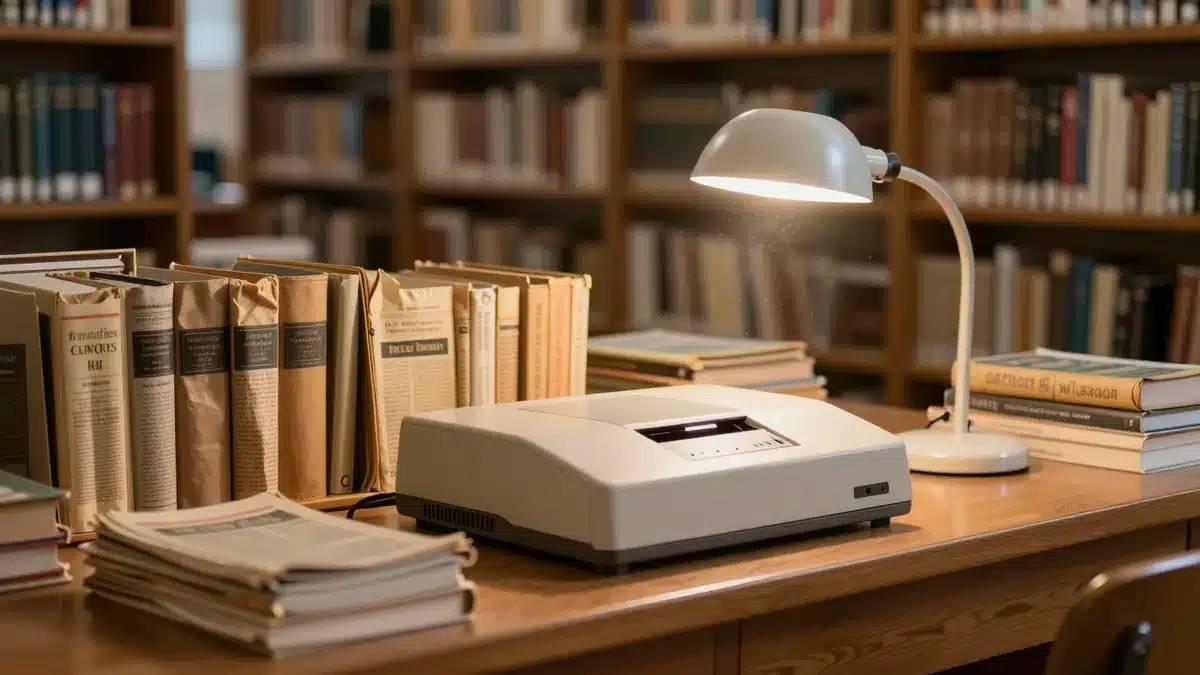 図書館の閲覧机に並ぶ新聞の合冊とマイクロフィルム閲覧機
