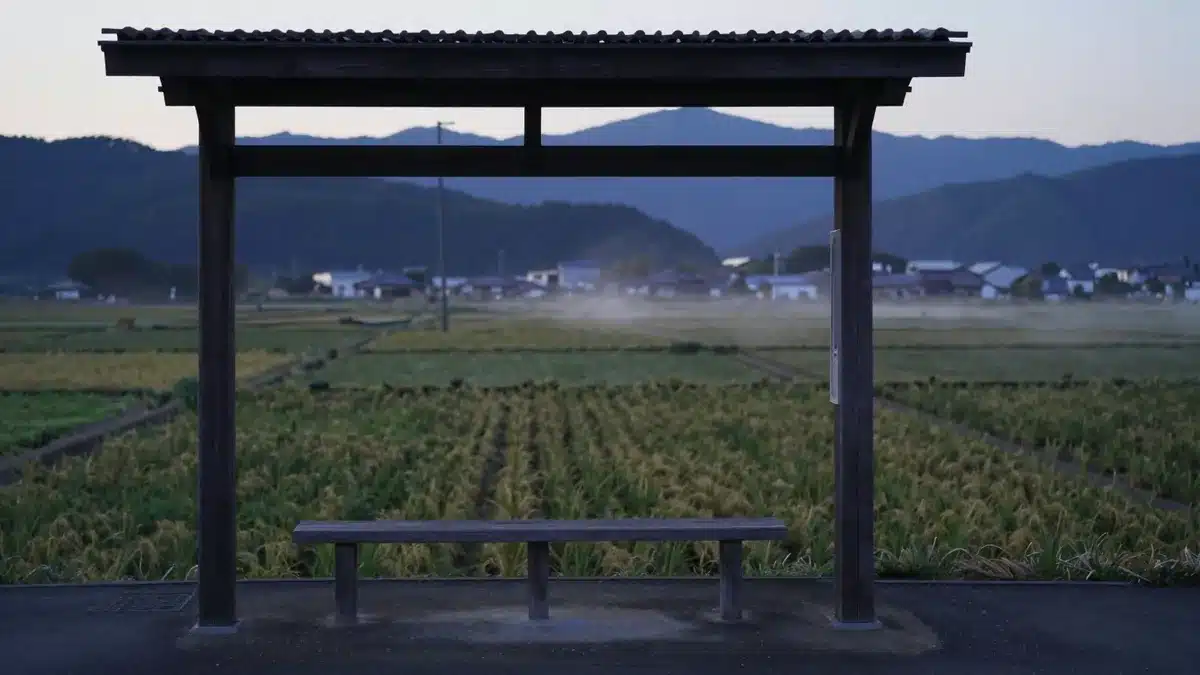 夕暮れの田園に立つ無人のバス停と山並み