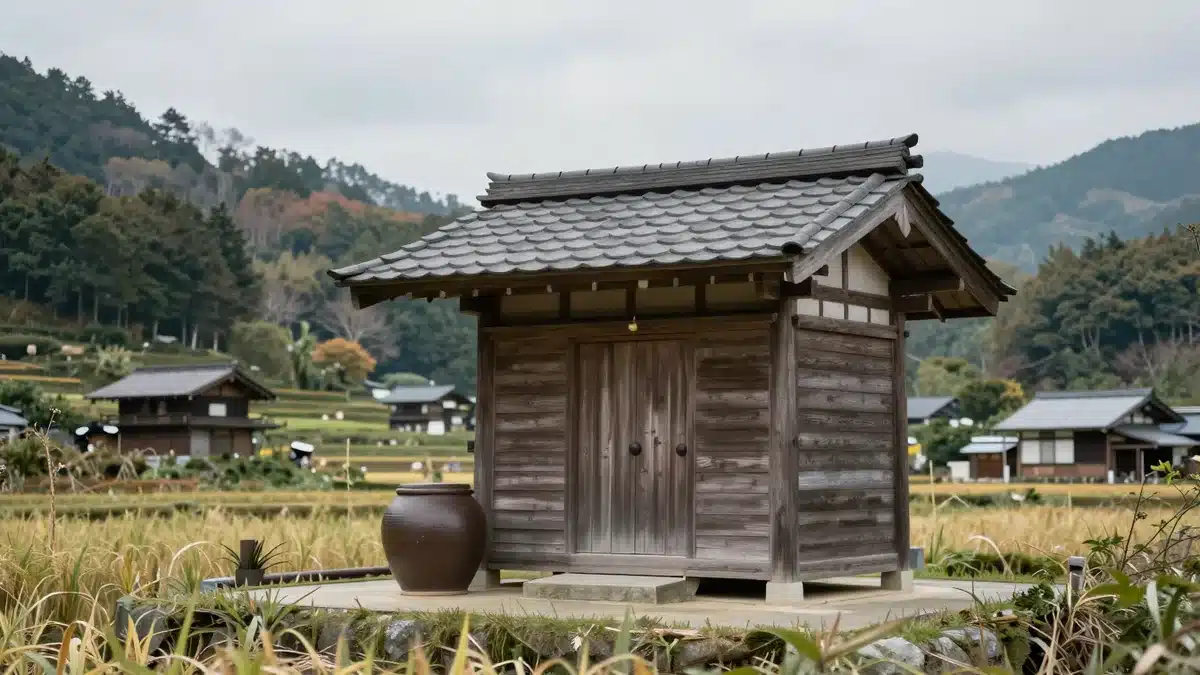 田んぼに囲まれた山あいの集落に建つ板張りの小さなお堂と、その脇に置かれた素焼きの甕