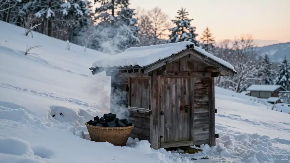 雪の積もった山の斜面に建つ小さな木の小屋と、黒い炭を入れたかご