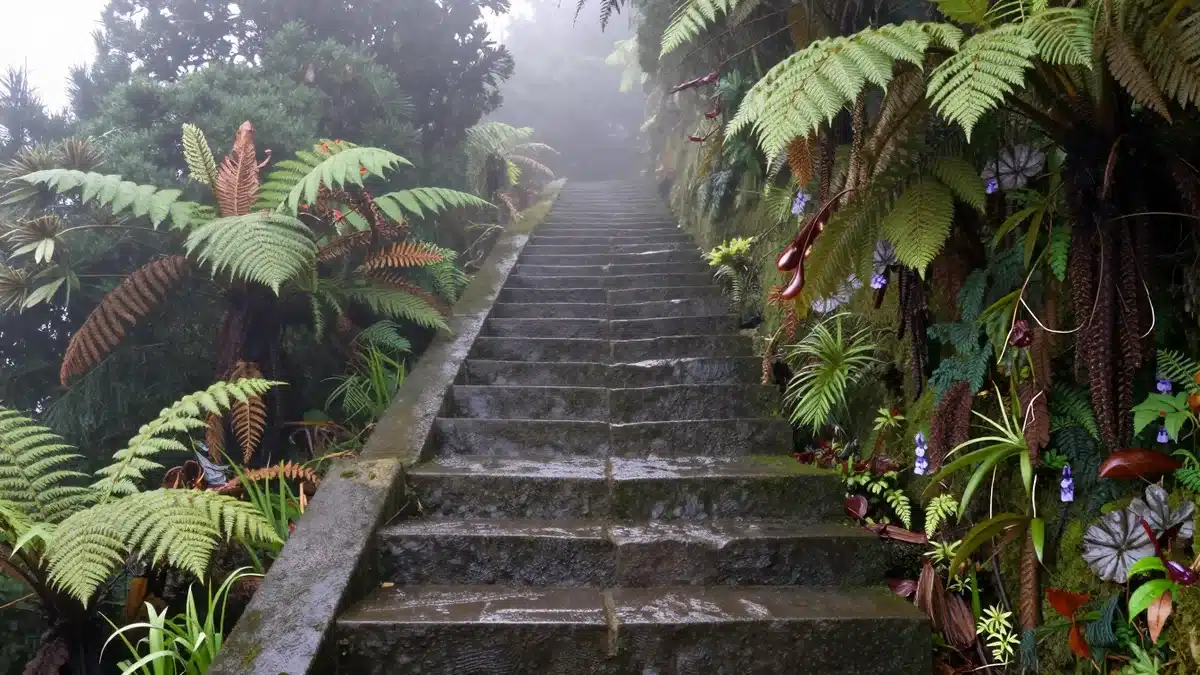 霧のかかった森の中に続く、濡れた石段とシダの茂み
