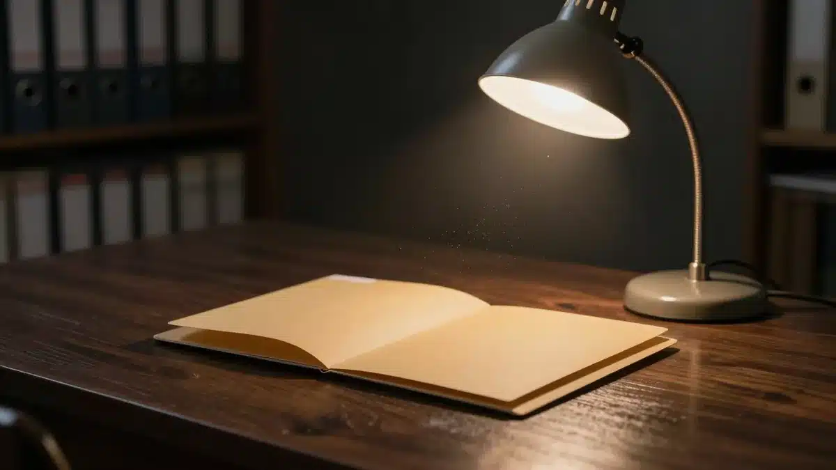 机の上に開いたまま置かれた中身のないファイル