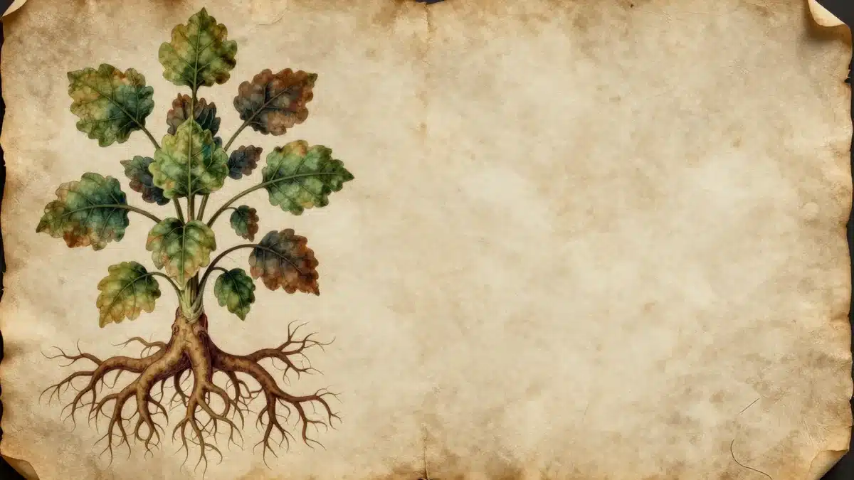 古い羊皮紙に描かれた、根の大きな見慣れない植物の挿絵