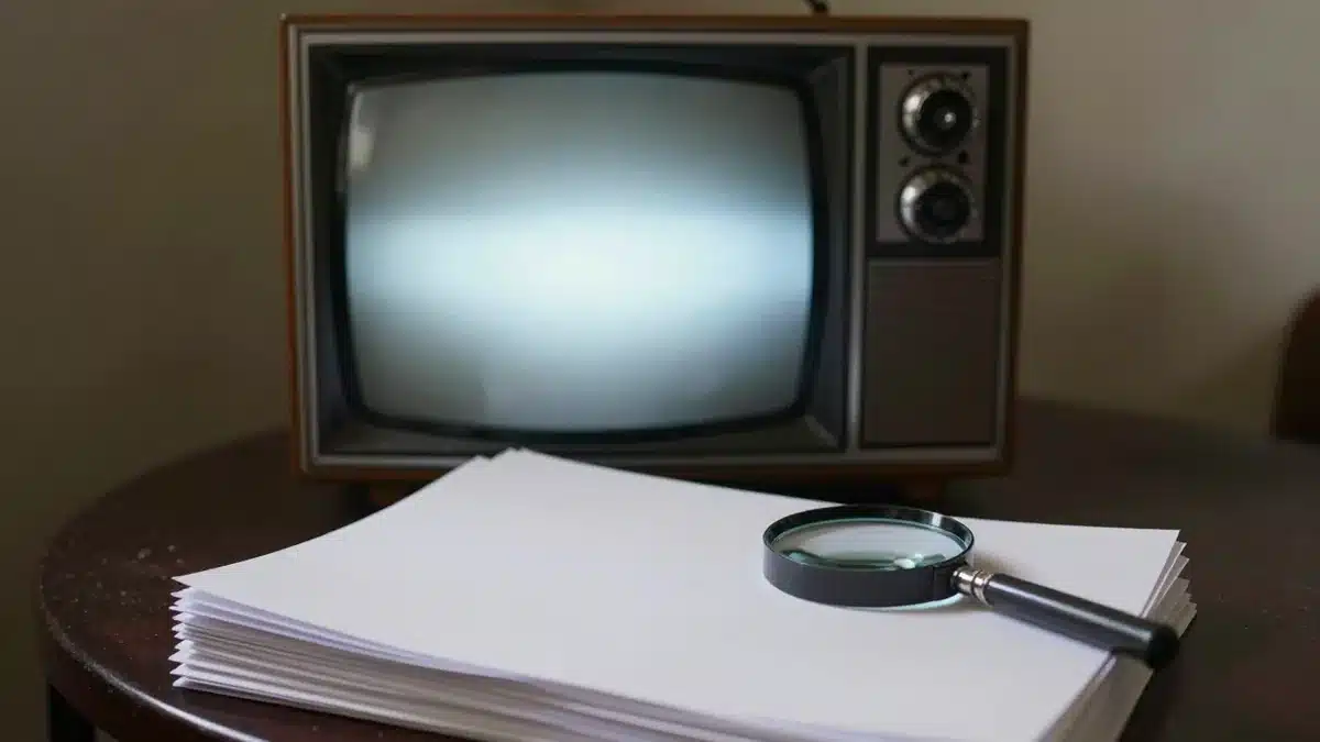 古いブラウン管テレビの前に置かれた白紙の書類の束と虫眼鏡