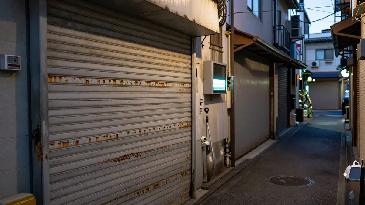 シャッターが下りた店舗が並ぶ夕暮れの細い路地